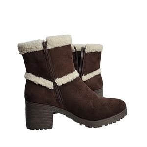 Olivia Miller Brown Ankle Boots Off White Faux Sherpa Trim Women's Sz 11. New
